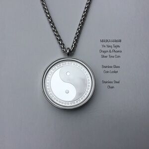 Yin Yang Taijitu Silver Tone Coin & Glass Stainless Locket 60cm Stainless Chain